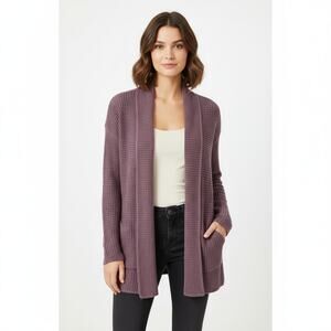 Pink Rose Purple Open Cardigan Sweater M Waffle Knit Cottagecore Oversized Cozy